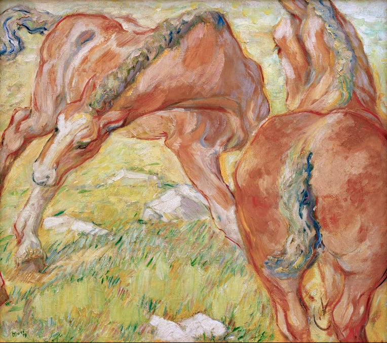 Kunstdruck des Gemäldes „Mutterpferd und Fohlen“ von Franz Marc. Hochwertig in Deutschland von Hand gefertigt, erhältlich als Poster oder Leinwand und optional gerahmt.