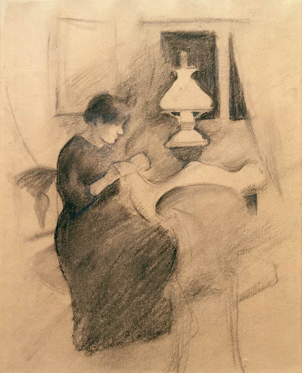 Kunstdruck des Gemäldes „Nähendes Mädchen bei der Lampe (Elisabeth)“ von August Macke. Hochwertig in Deutschland von Hand gefertigt, erhältlich als Poster oder Leinwand und optional gerahmt.