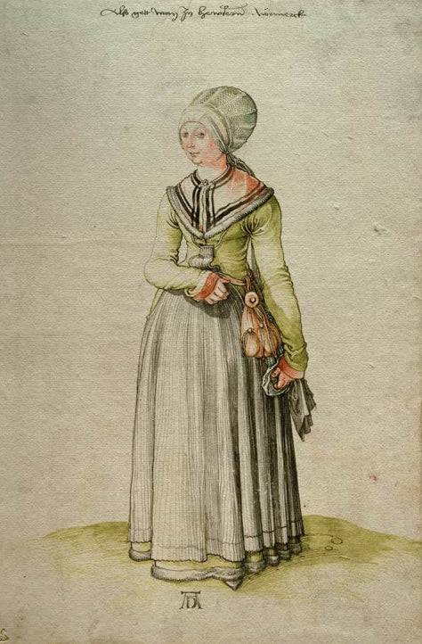 Kunstdruck „Nürnbergerin im Alltagskleid“ von Albrecht Dürer mit fein gezeichneter Frauenfigur der Renaissance