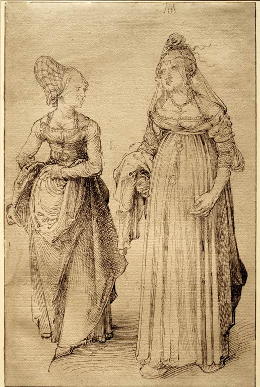Kunstdruck von „Nürnbergerin und Venezianerin, Trachtenstudie“ von Albrecht Dürer. Detailreiche Renaissance-Studie historischer Kleidung zweier Frauen, in Deutschland handgefertigt.