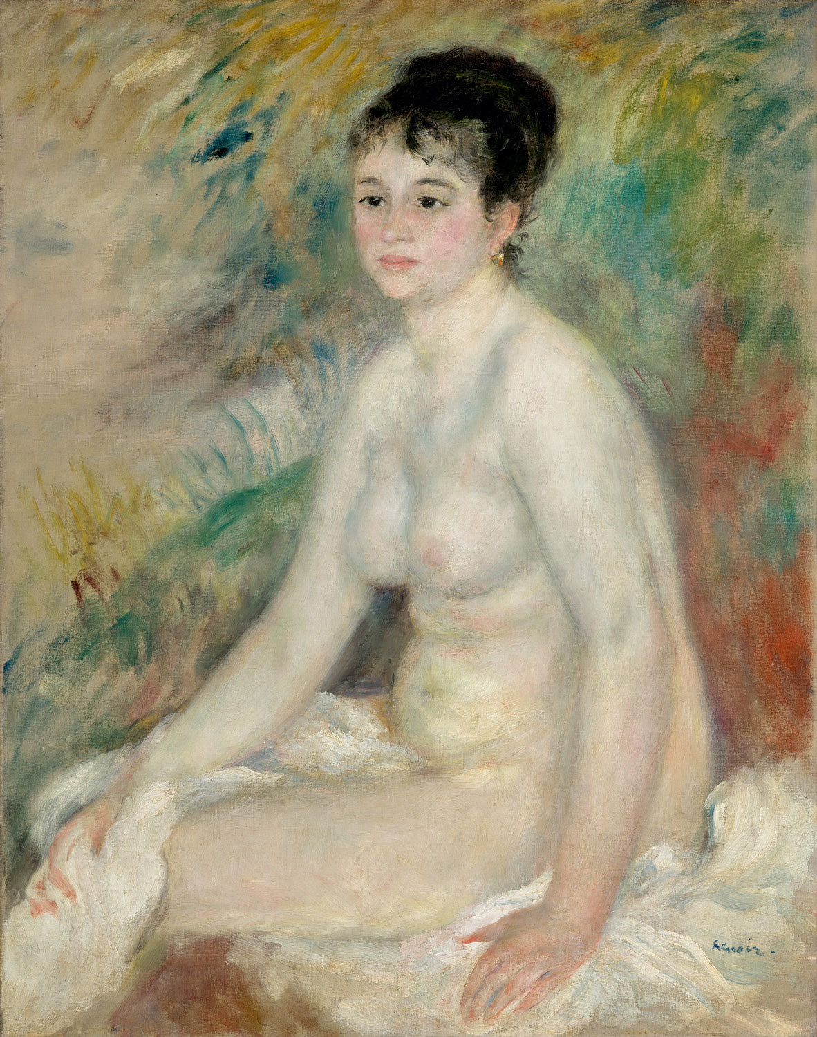 Das Gemälde Nach dem Bade von Pierre-Auguste Renoir zeigt eine nackte Frau, die nach einem erfrischenden Bad auf einem weichen Kissen sitzt. Ihre entspannte Haltung und die sanften Farben vermitteln ein Gefühl von Ruhe und Intimität.