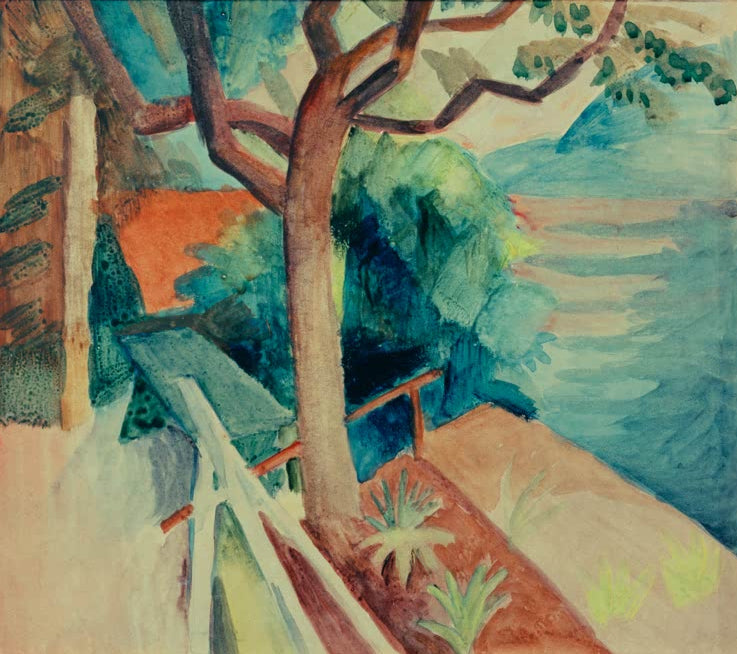 Kunstdruck des Gemäldes „Nach Sonnenuntergang am See“ von August Macke. Hochwertig in Deutschland von Hand gefertigt, erhältlich als Poster oder Leinwand und optional gerahmt.