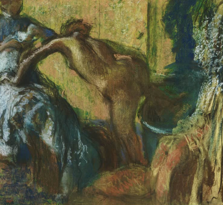 Kunstdruck des Gemäldes Nach dem Bad von Edgar Degas mit einer Frau nach dem Baden in einer privaten Alltagsszene.