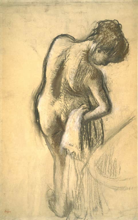 Kunstdruck des Gemäldes Nach dem Bad von Edgar Degas mit einer Frau nach dem Baden in einer privaten Szene.