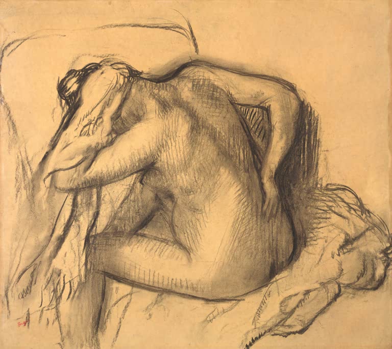 Kunstdruck des Gemäldes Nach dem Bad, Frau, die ihr Haar trocknet von Edgar Degas mit einer Frau, die nach dem Baden ihr Haar trocknet.
