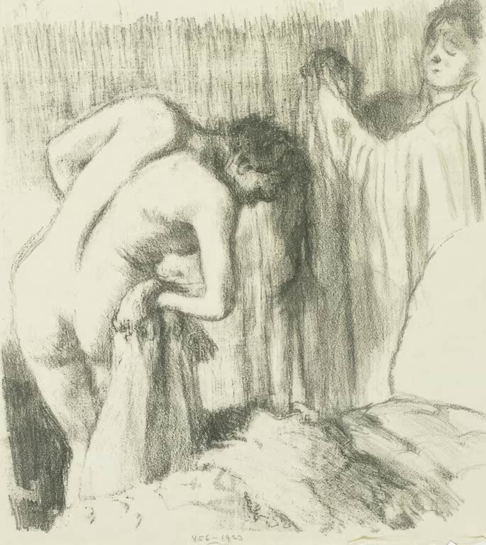 Kunstdruck des Gemäldes Nach dem Bad III von Edgar Degas mit einer Frau in einer privaten Szene nach dem Baden.