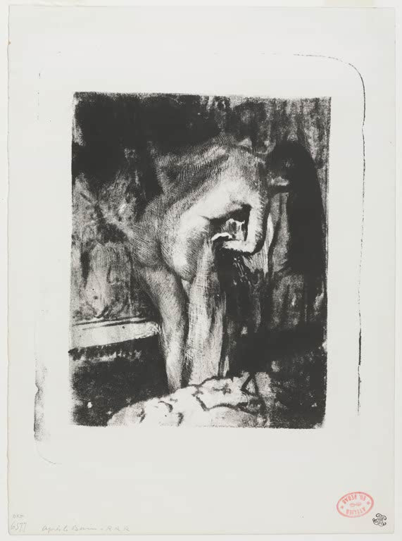 Kunstdruck des Gemäldes Nach dem Bad II von Edgar Degas mit einer Frau nach dem Baden in einer privaten Alltagsszene.
