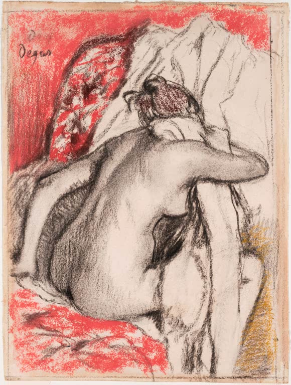 Kunstdruck des Gemäldes „Nach dem Bad: Sitzende Frau, die sich trocknet“ von Edgar Degas, detailgetreu als Kunstdruck umgesetzt und in Deutschland von Hand gefertigt.