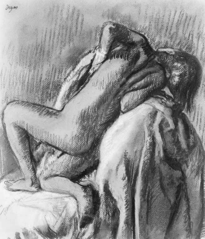 Kunstdruck des Gemäldes „Nach dem Bad“ von Edgar Degas mit der Darstellung einer Frau nach der Körperpflege. Hochwertig in Deutschland per Hand gefertigt, erhältlich als Poster oder Leinwand.