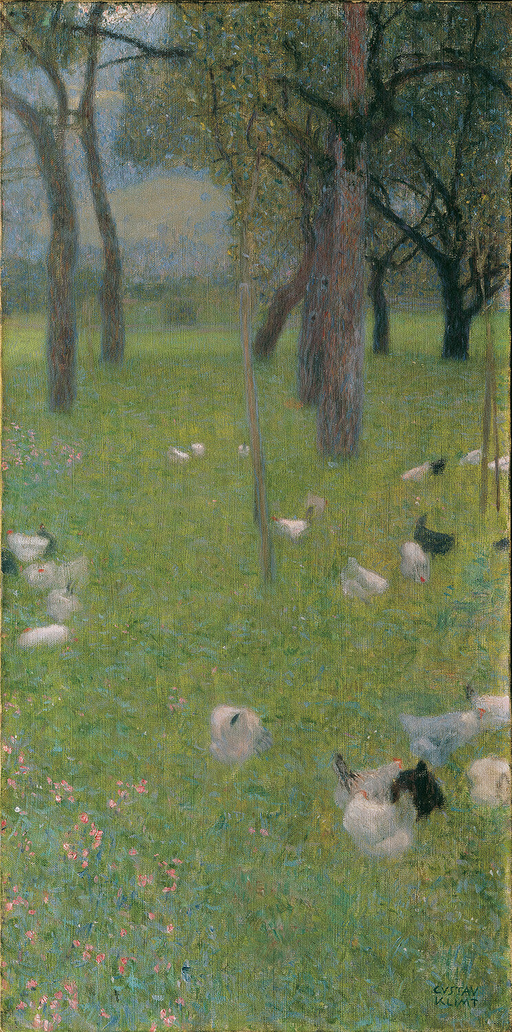 Das Gemälde Nach dem Regen von Gustav Klimt zeigt eine üppige, blühende Landschaft mit leuchtenden Farben und feinen Details. Die nasse Natur strahlt Frische aus, während Bäume und Wiesen harmonisch ineinander übergehen. Klimts impressionistische Technik fängt das Lichtspiel nach dem Regen eindrucksvoll ein.