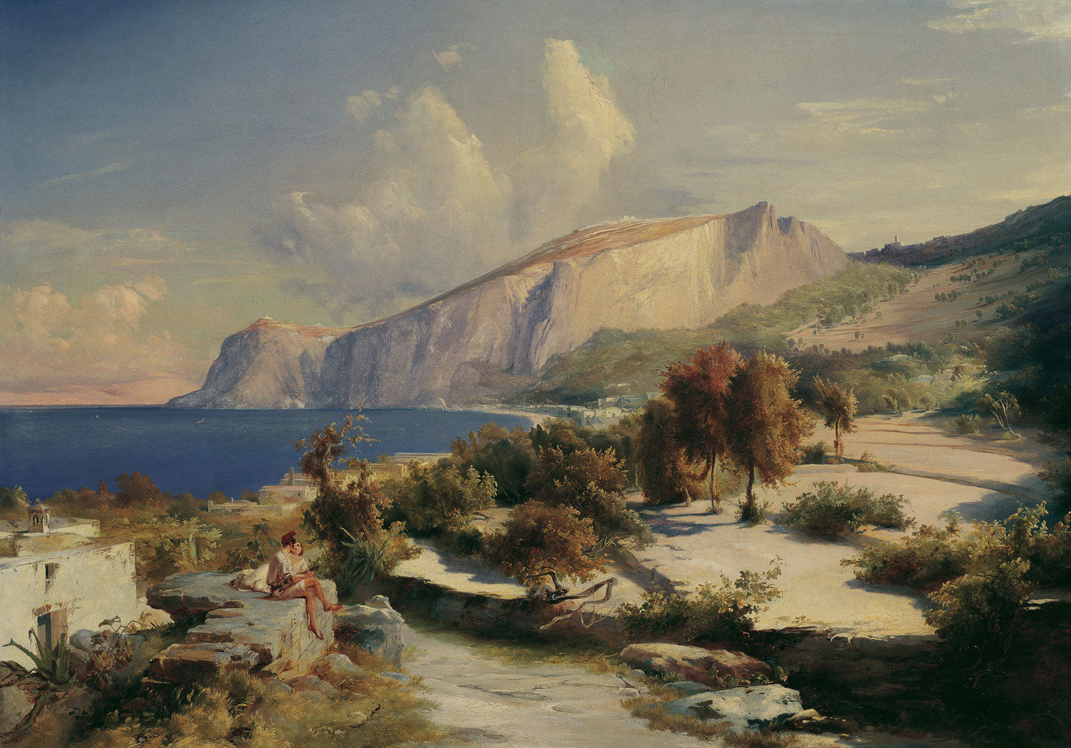 Nachmittag auf Capri von Carl Blechen: Ein malerisches Landschaftsbild, das die idyllische Schönheit der italienischen Insel Capri an einem sonnigen Nachmittag einfängt, mit lebendigen Farben und einer harmonischen Darstellung von Meer, Felsen und Himmel.