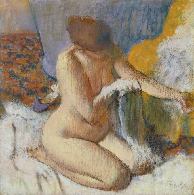 Kunstdruck von „Nackt nach dem Bad“ von Edgar Degas, handgefertigt in Deutschland als Leinwand oder Poster erhältlich