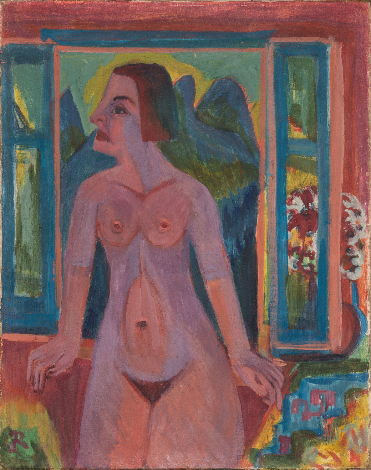 Ein Gemälde einer nackten Frau, die an einem offenen Fenster sitzt, mit dem Rücken zum Betrachter. Sie blickt in die Ferne, was eine Atmosphäre der Intimität und Nachdenklichkeit vermittelt. Das Kunstwerk spiegelt den mutigen, modernistischen Stil von Ernst Ludwig Kirchner wider und fängt sowohl die menschliche Form als auch die emotionale Energie des frühen 20. Jahrhunderts ein.