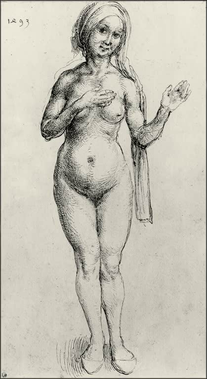Kunstdruck des Gemäldes „Nackte Frau“ von Albrecht Dürer. Hochwertiger Fine-Art-Druck, in Deutschland per Hand gefertigt, auf Leinwand oder als Poster erhältlich.