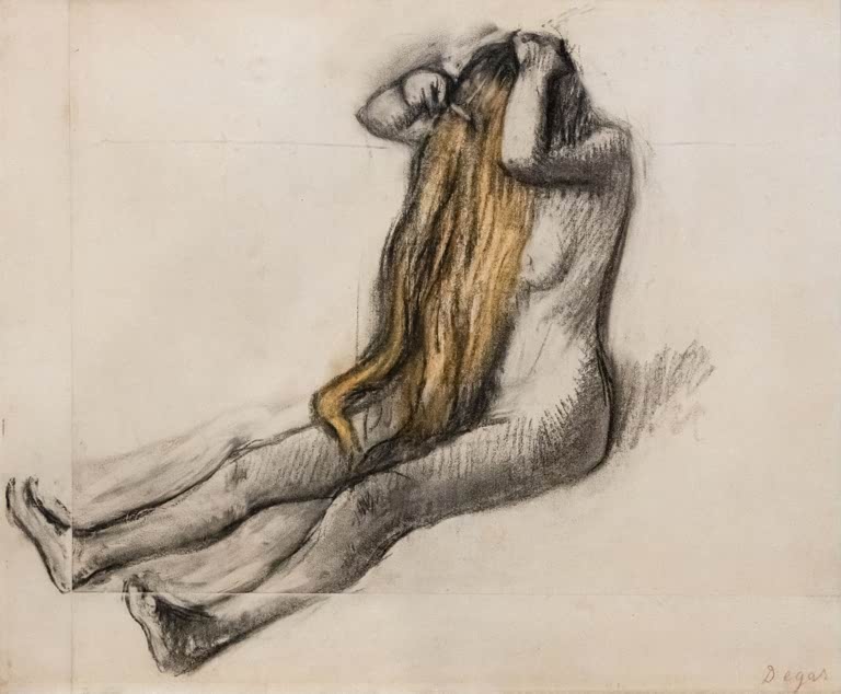Kunstdruck des Gemäldes Nackte Frau, auf dem Boden sitzend, sich die Haare kämmend von Edgar Degas mit einer sitzenden Frau beim Kämmen ihrer Haare.