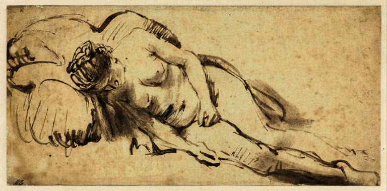 Kunstdruck „Nackte Frau auf einem Kissen“ von Rembrandt van Rijn