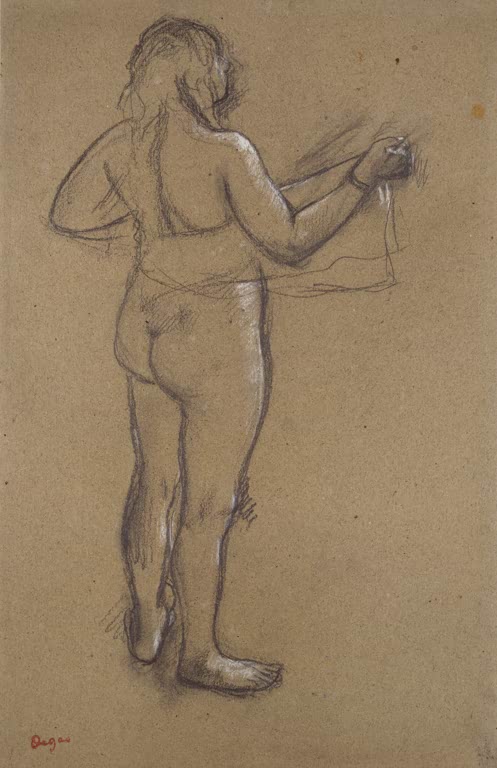 Kunstdruck des Gemäldes Nackte Frau, die sich mit einem Handtuch abtrocknet, von hinten gesehen von Edgar Degas mit einer Frau in Rückenansicht beim Abtrocknen.