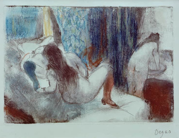 Kunstdruck von Nackte Frauen auf dem Bett und am Waschtisch von Edgar Degas mit einer intimen Badeszene in impressionistischer Malweise.