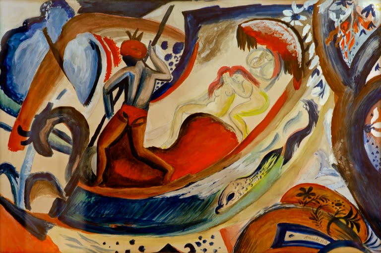 Kunstdruck des Gemäldes „Nackte Mädchen in der Barke“ von August Macke. Hochwertig in Deutschland von Hand gefertigt, erhältlich als Poster oder Leinwand und optional gerahmt.