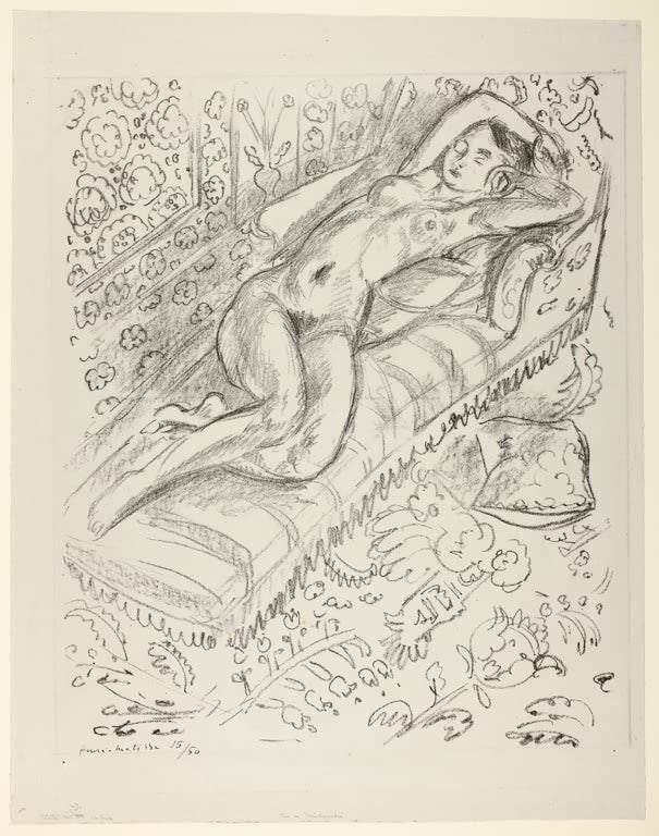 Kunstdruck „Nackte Ruhende auf einem Chaiselongue vor Mashrabiya-Hintergrund“ von Henri Matisse, handgefertigt in Deutschland