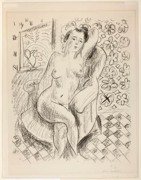 Kunstdruck „Nackte in einem Sessel mit Mashrabiya-Hintergrund“ von Henri Matisse, handgefertigt in Deutschland