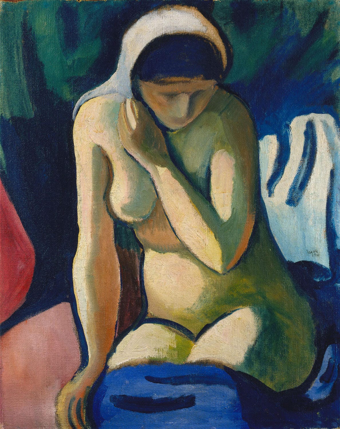 Expressionistisches Gemälde eines liegenden Mädchens mit Kopftuch, gemalt von August Macke im Jahr 1913.