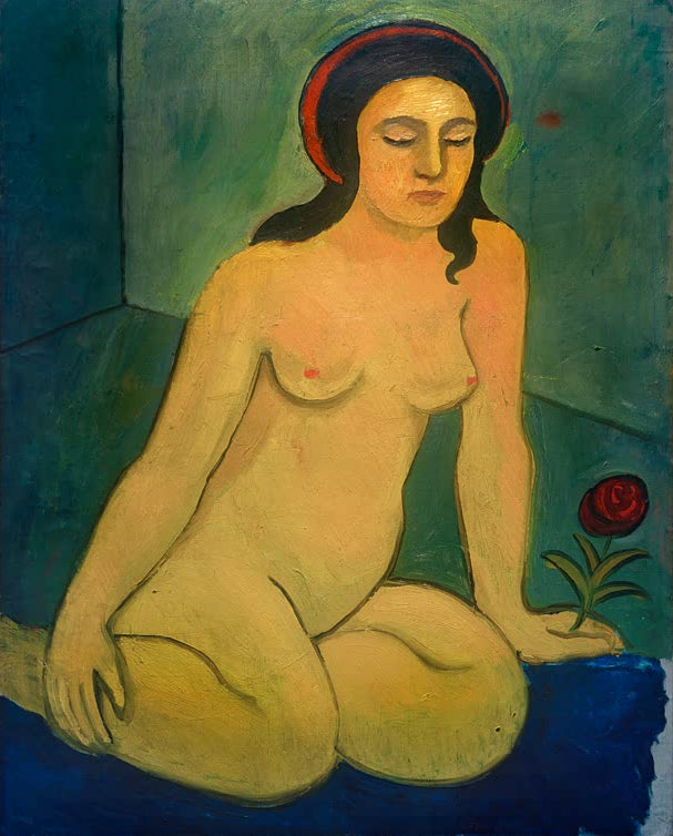 Kunstdruck des Gemäldes „Nacktes Mädchen mit roter Blume“ von August Macke. Hochwertig in Deutschland von Hand gefertigt, erhältlich als Poster oder Leinwand und optional gerahmt.