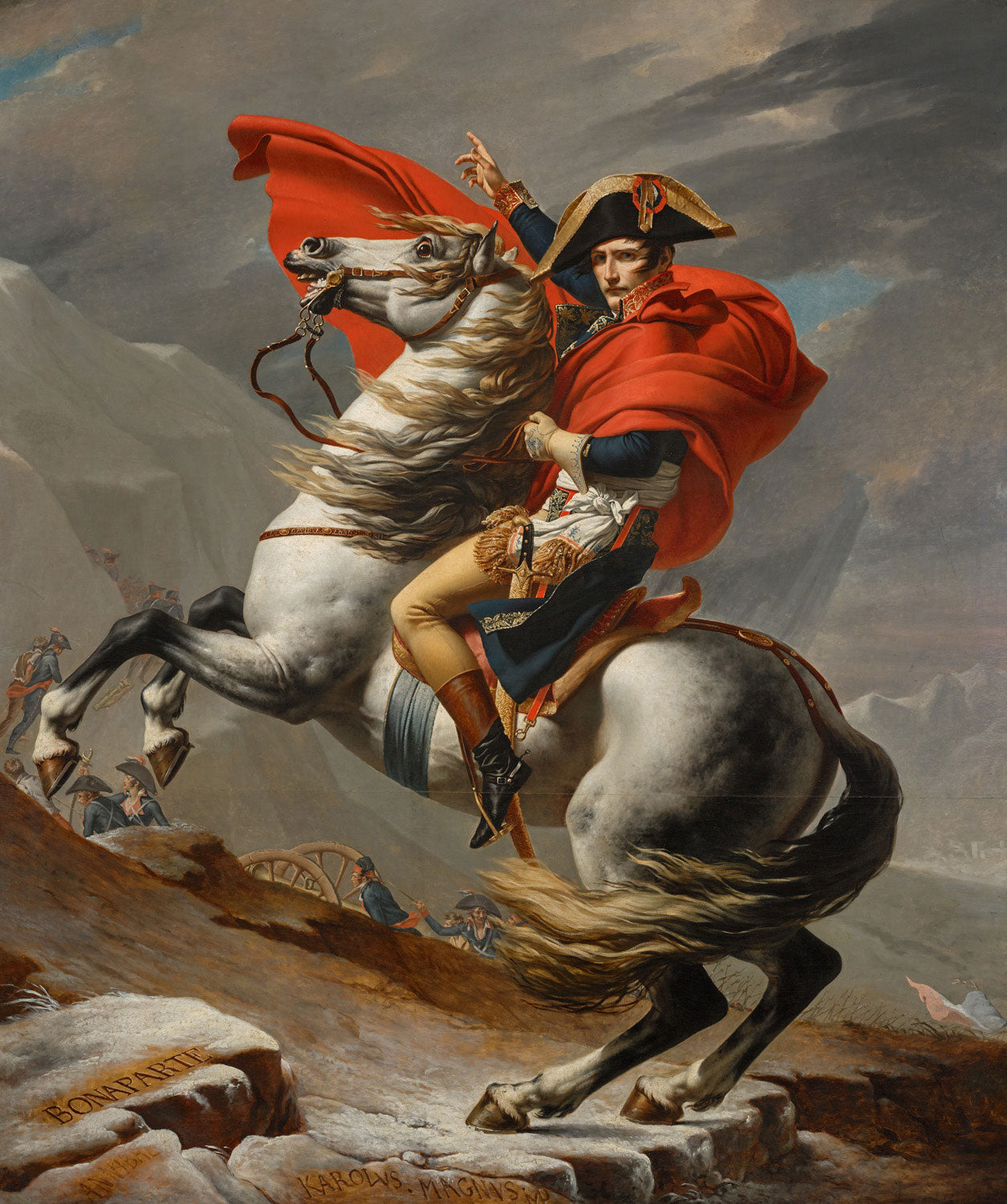 Napoleon am Großen St. Bernhard von Jacques-Louis David: Napoleon auf einem Pferd, entschlossen und majestätisch, während er den Großen St. Bernhard Pass überquert.