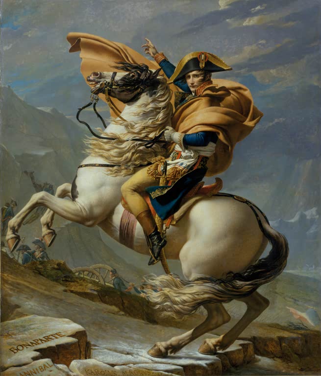 Kunstdruck von „Napoleon Bonaparte überquert die Alpen über den Sankt-Bernhard-Paß“ von Jacques Louis David mit Napoleon auf steigendem Pferd