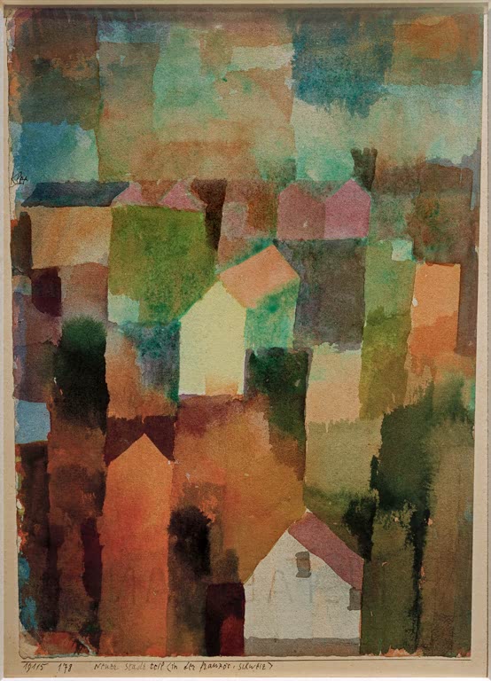 Kunstdruck „Neuer Stadtteil“ von Paul Klee mit abstrakter Komposition, geometrischen Formen und markanten Farbflächen.