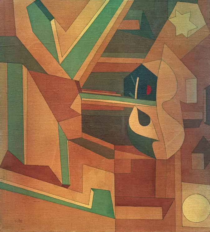 Kunstdruck „Neues im Oktober“ von Paul Klee mit abstrakter Komposition in warmen Herbstfarben

