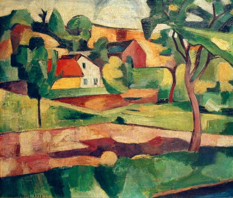 Kunstdruck des Gemäldes „Niederrheinisches Dorf“ von Helmuth Macke. Hochwertig in Deutschland von Hand gefertigt, erhältlich als Leinwand oder Poster und optional gerahmt.