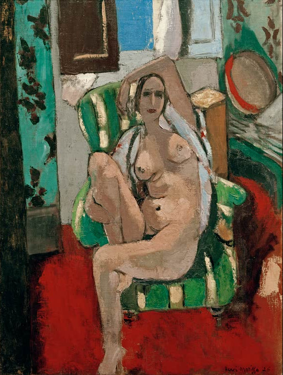 Kunstdruck des Gemäldes Nu assis au tambourin von Henri Matisse, handgefertigt in Deutschland als Poster oder Leinwand erhältlich