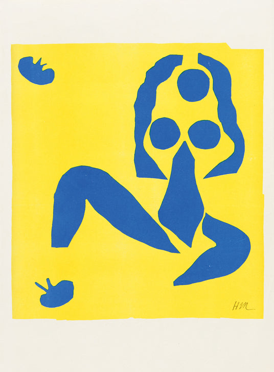 Scherenschnitt "Nu bleu, la grenouille" von Henri Matisse, 1952: Blaue abstrakte weibliche Figur in dynamischer Pose auf gelbem Hintergrund.