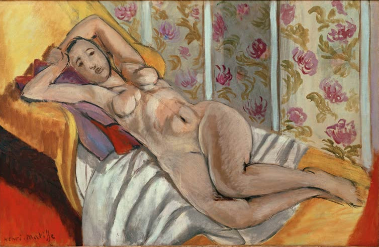 Kunstdruck des Gemäldes „Nu couché (Liegender Akt)“ von Henri Matisse, erhältlich als Leinwand oder Poster, auf Wunsch gerahmt, in Deutschland von Hand gefertigt.