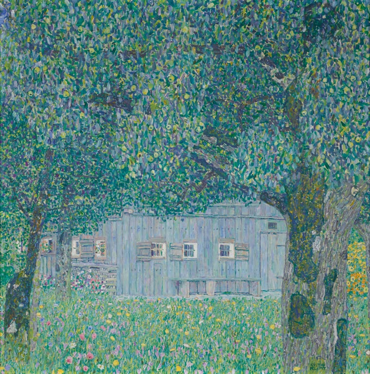 Kunstdruck von „Oberösterreichisches Bauernhaus“ von Gustav Klimt mit idyllischer Architektur und harmonischer Landschaftsdarstellung. In Deutschland von Hand gefertigt.