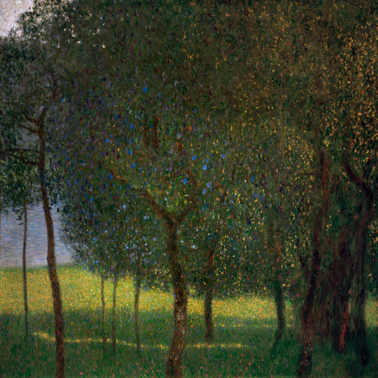 Kunstdruck des Gemäldes „Obstbäume am Attersee“ von Gustav Klimt – hochwertige Reproduktion einer idyllischen Landschaft mit blühenden Bäumen.