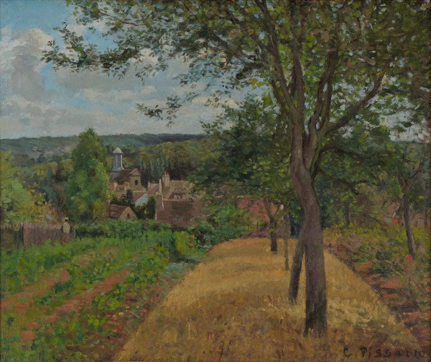 Impressionistisches Gemälde Obstgärten in Louveciennes von Camille Pissarro mit blühenden Bäumen, grünen Wiesen und friedlicher Landschaft.