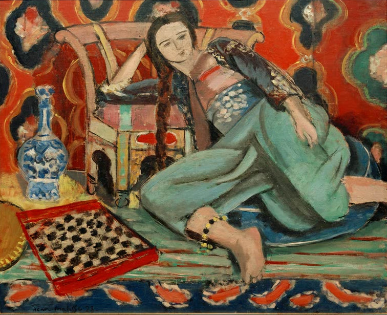 Kunstdruck des Gemäldes „Odaliske mit türkischem Sessel“ von Henri Matisse, erhältlich als Leinwand oder Poster, optional gerahmt, in Deutschland von Hand gefertigt.
