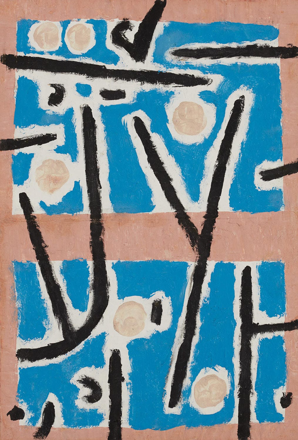 Kunstdruck des abstrakten Gemäldes "Ohne Titel" von Paul Klee aus dem Jahr 1938, schwarze Kleisterfarbe auf Zeitungspapier.