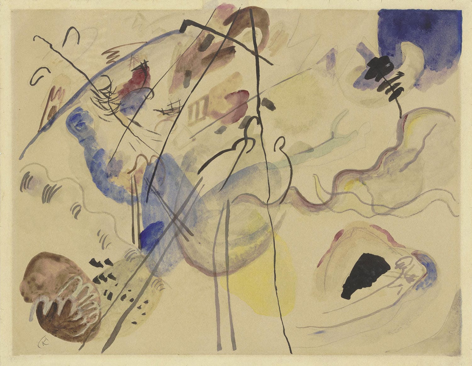 Abstraktes Gemälde von Wassily Kandinsky mit dynamischen Formen und leuchtenden Farben, die Bewegung und Emotionen ausdrücken.