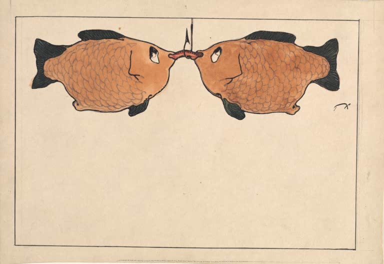 Kunstdruck „Ohne Titel (Zwei Fische, ein Haken, ein Wurm)“ von Paul Klee mit zwei abstrakten Fischen, Haken und Wurm