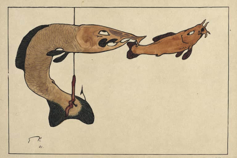 Kunstdruck „Ohne Titel (Zwei Fische, einer am Haken)“ von Paul Klee mit zwei abstrakten Fischen, einer davon an einem Haken