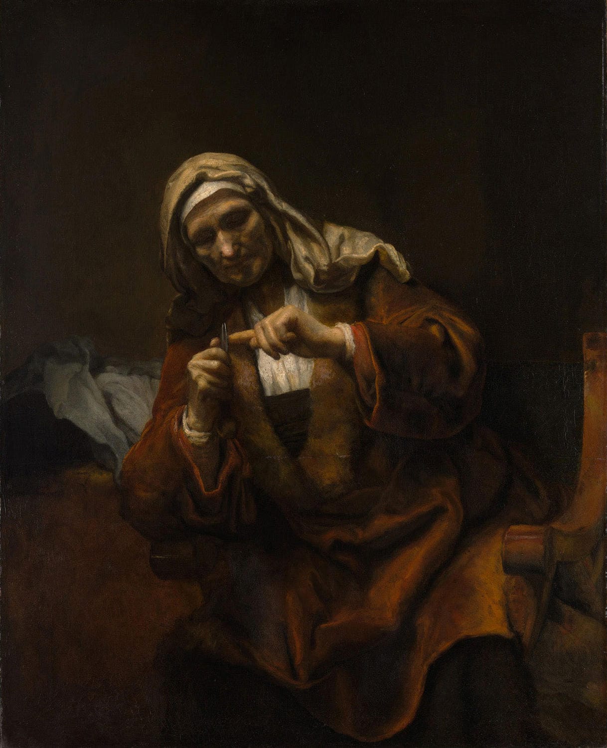 Alte Frau, die sich die Nägel schneidet, gemalt von Rembrandt van Rijn, zeigt eine ältere Frau in einem intimen Moment, mit warmen Brauntönen und feinem Licht-Schatten-Spiel, das die Alltäglichkeit und Ruhe der Szene betont.