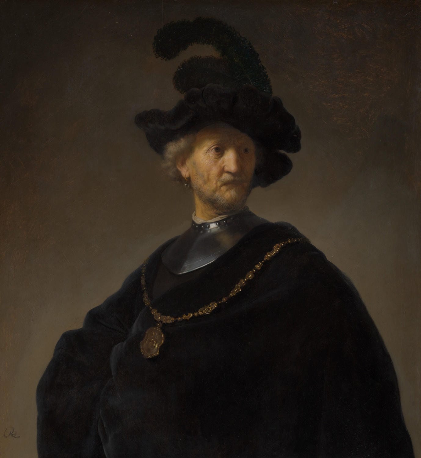 Porträt eines älteren Mannes mit schwarzem Umhang, goldener Kette und Federhut, gemalt von Rembrandt van Rijn im Jahr 1631. Der Mann blickt würdevoll zur Seite, während Licht und Schatten seinem Gesicht und seiner Kleidung Tiefe verleihen.