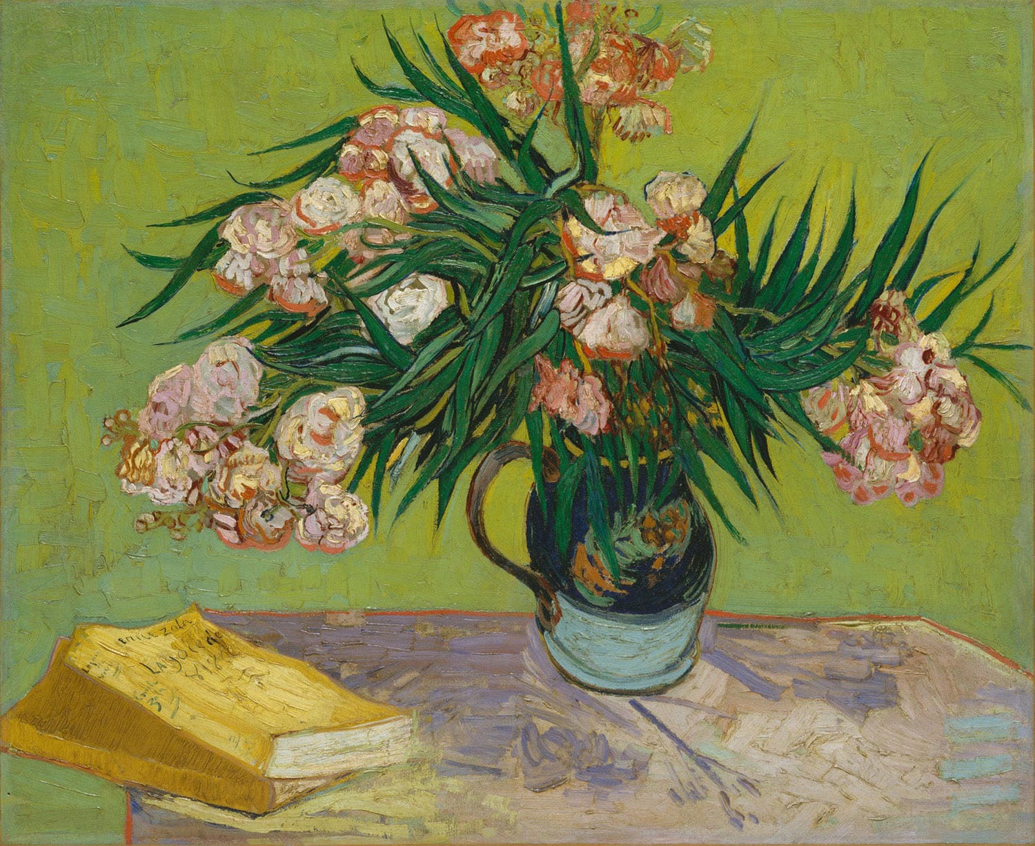 Zarte Oleanderblüten in kräftigen Rosa- und Weißtönen, gemalt von Vincent van Gogh im Jahr 1888, mit lebendiger Pinseltechnik im Postimpressionismus-Stil.
