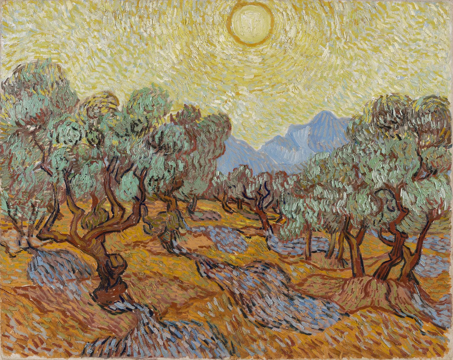 Impressionistisches Gemälde "Olivenbäume" von Vincent van Gogh mit wirbelnden Baumkronen, grünem Hain und goldenem Himmel.
