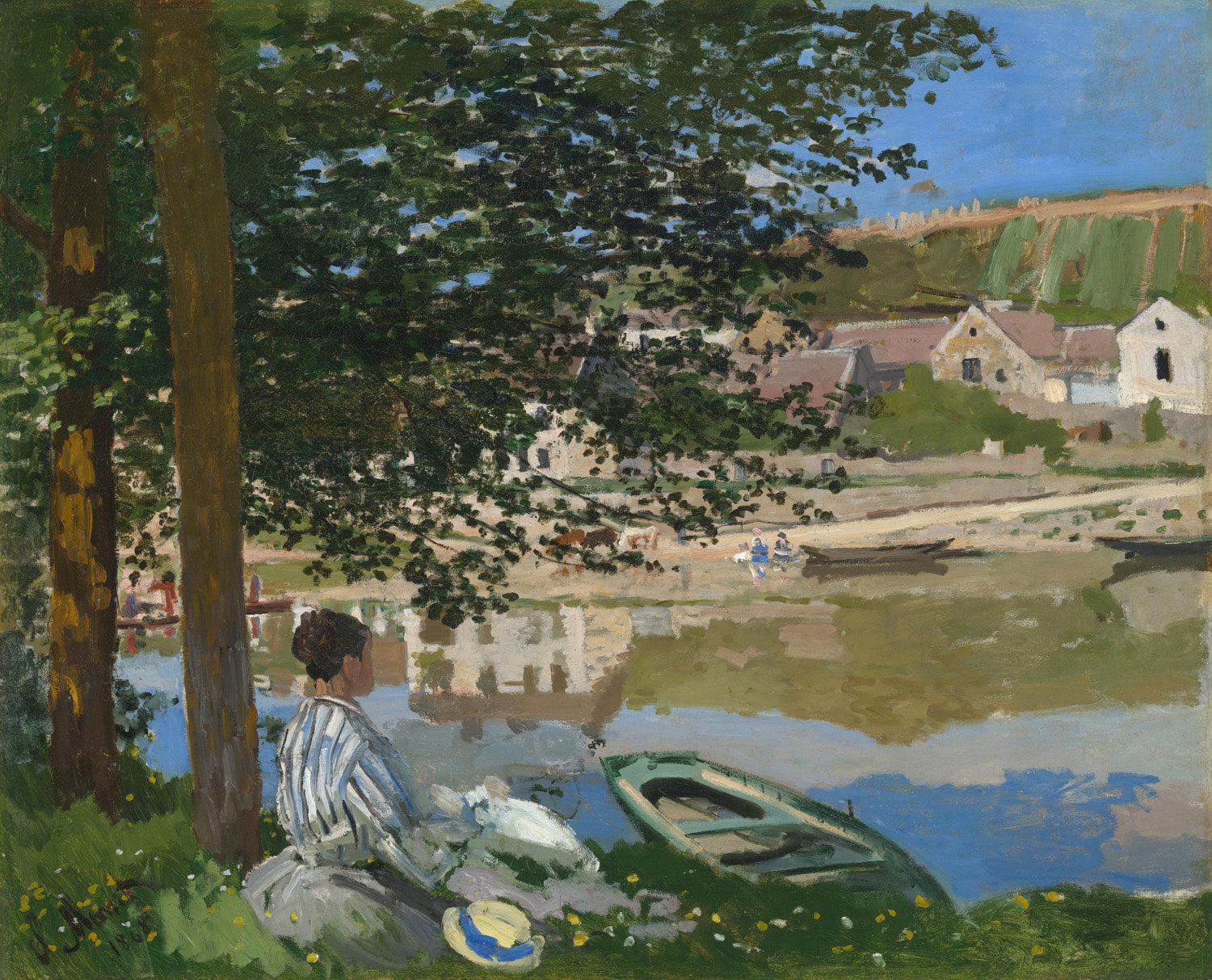 "On the Bank of the Seine, Bennecourt“ von Claude Monet – Impressionistische Landschaft mit dem Fluss Seine, grünem Ufer und weiten Himmel, eingefangen mit lebendigen, breiten Pinselstrichen, die das flüchtige Licht und die natürliche Schönheit der Normandie zeigen.