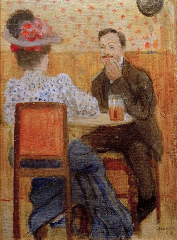 Kunstdruck des Gemäldes „Paar am Biertisch“ von August Macke. Hochwertig in Deutschland von Hand gefertigt, erhältlich als Poster oder Leinwand und optional gerahmt.