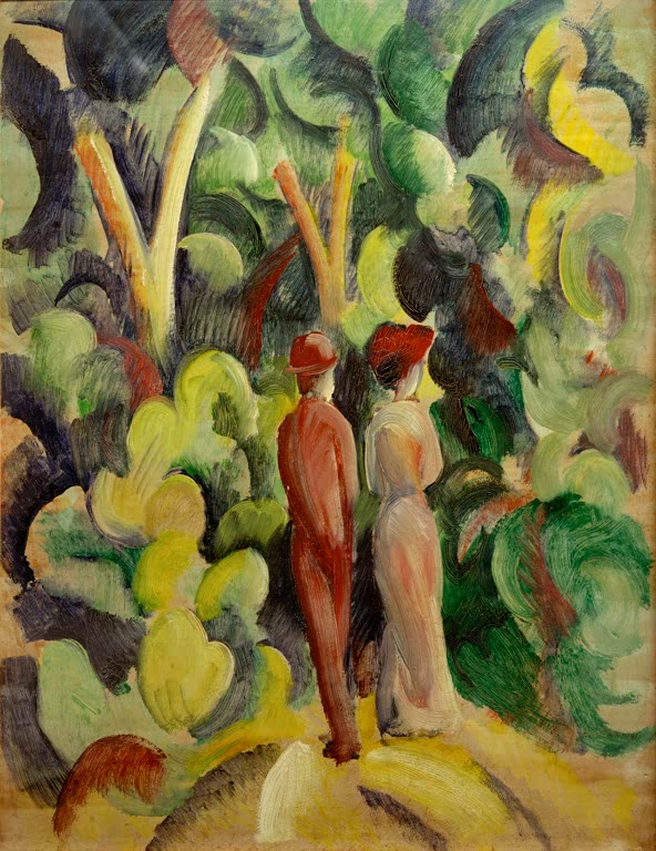 Kunstdruck des Gemäldes „Paar auf dem Waldweg“ von August Macke. Hochwertig in Deutschland von Hand gefertigt, erhältlich als Leinwand oder Poster und optional gerahmt.